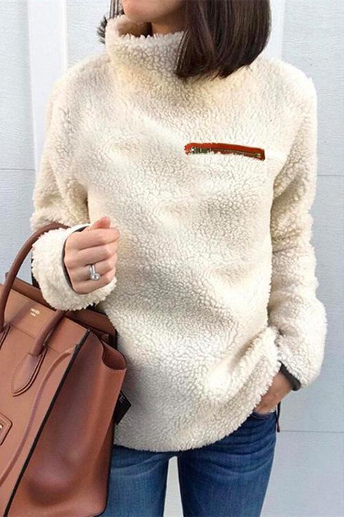 Rosiedress Turtleneck Long Sleeve Zip Fuzzy Pullovers LightApricot