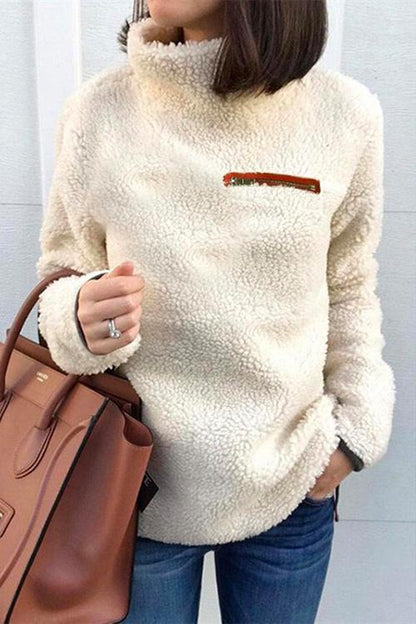 Turtleneck Long Sleeve Zip Fuzzy Pullovers LightApricot
