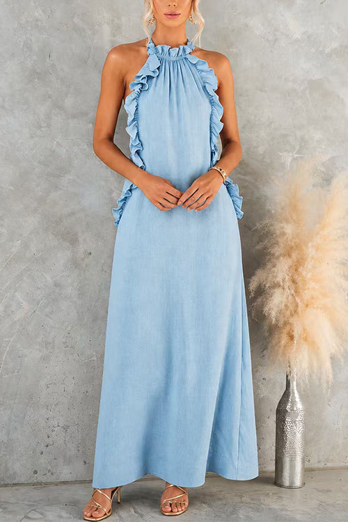 Sleeveless Linen Blend Ruffle Pocketed Maxi Dress