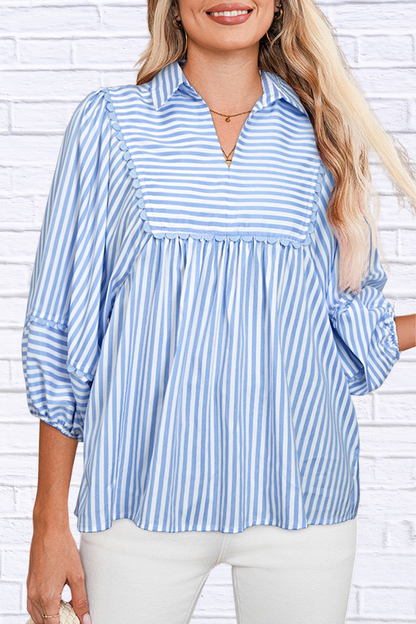 Striped Notched 3/4 Sleeve Blouse