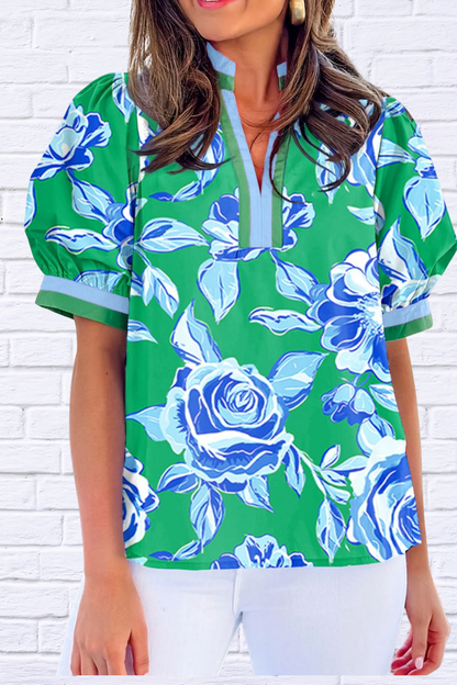 Bold Blue Floral Puff Sleeve Blouse