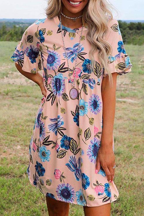 Rosiedress Crewneck Short Sleeve Floral Printed Flowy Dress Pink