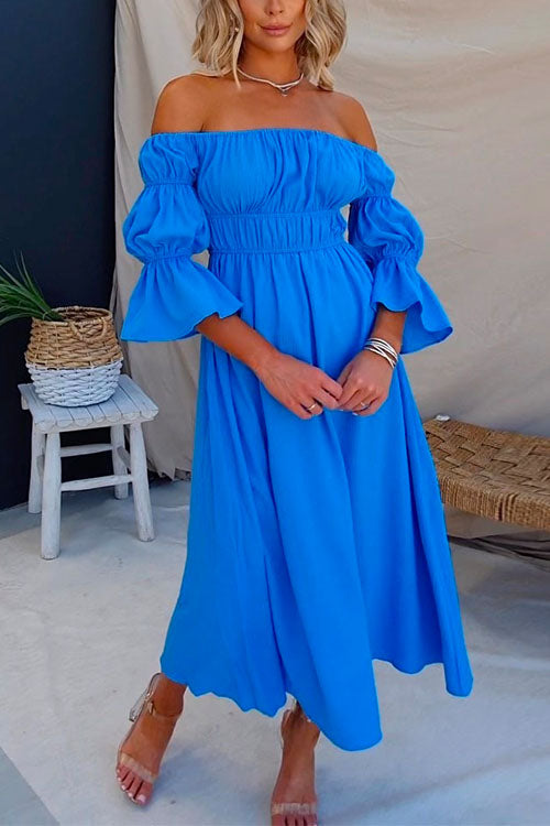 Off Shoulder Bell Sleeves Frilled Waist Swing Maxi Dress Blue