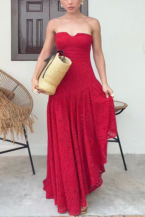 Strapless Hollow Out Lace Irregular Hem Maxi Dress