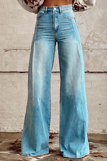 Distressed Wide Leg Casual Denim Pants Blue