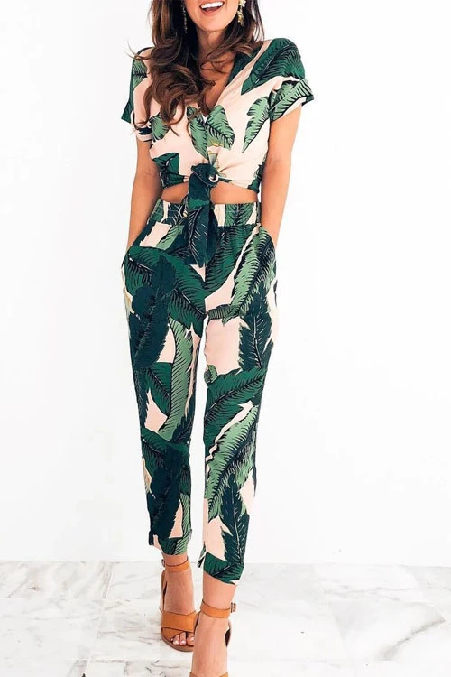 Rosiedress Short Sleeve Crop Top and Pants Leaves Printed Outfits Green