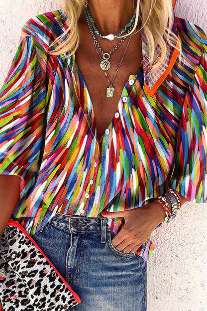 V Neck Button Down Contrast Print Blouse Shirt Green