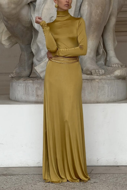 Turtleneck Long Sleeves Metallic Maxi Evening Dress