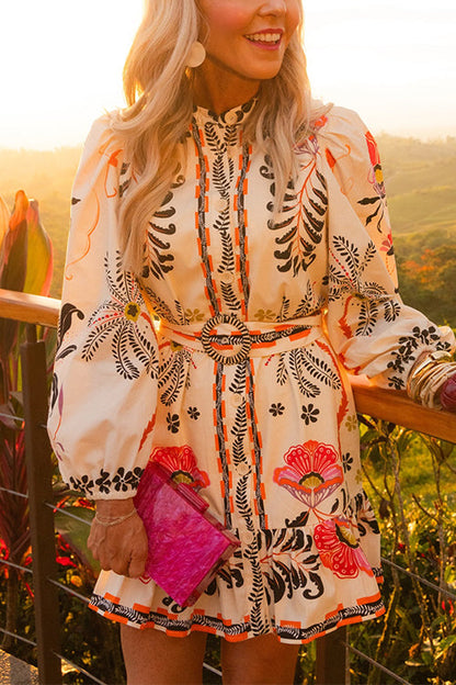 Puff Long Sleeves Button Up Floral Print Ruffle Mini Dress