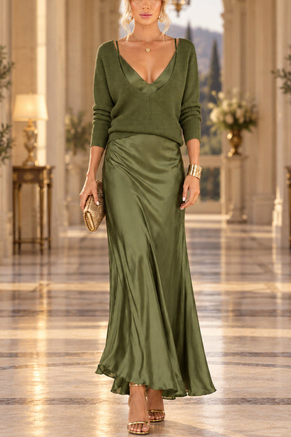 V Neck Drop Shoulder Sweater and Satin Maxi Cami Dress Set (B)