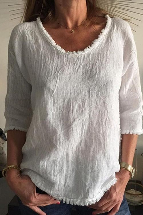 Rosiedress Round Neck 3/4 Sleeves Raw Hem T-shit