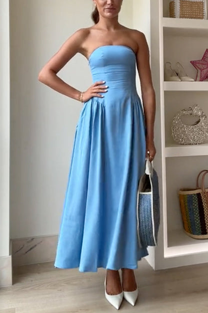 Strapless Tube Gathered Swing Maxi Dress Blue