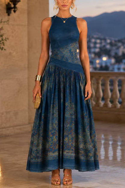 Crewneck Sleeveless Printed Flowy Maxi Dress