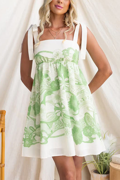 Bow Shoulder Sleeveless High Waist Floral Print Mini Dress