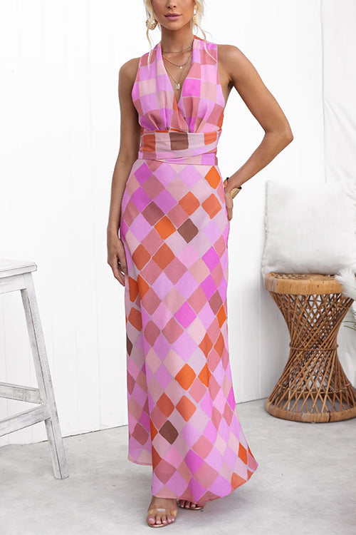 Criss Cross Bow Back Sleeveless Plaid Maxi Dress Pink