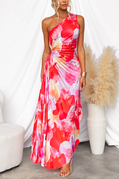 One Shoulder Sleeveless Print Asymmetric Maxi Pleated Dress Print