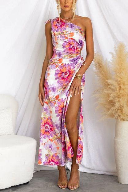 One Shoulder Cut Out Floral Print Slit Satin Maxi Dress