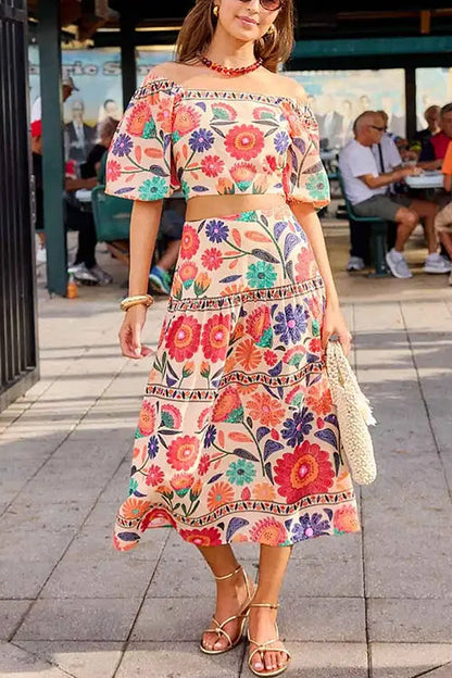 High Rise Floral Print Midi Skirt