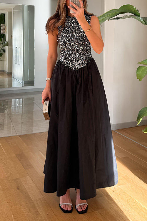 Crewneck Sleeveless Glitter Sequin Splice Maxi Dress