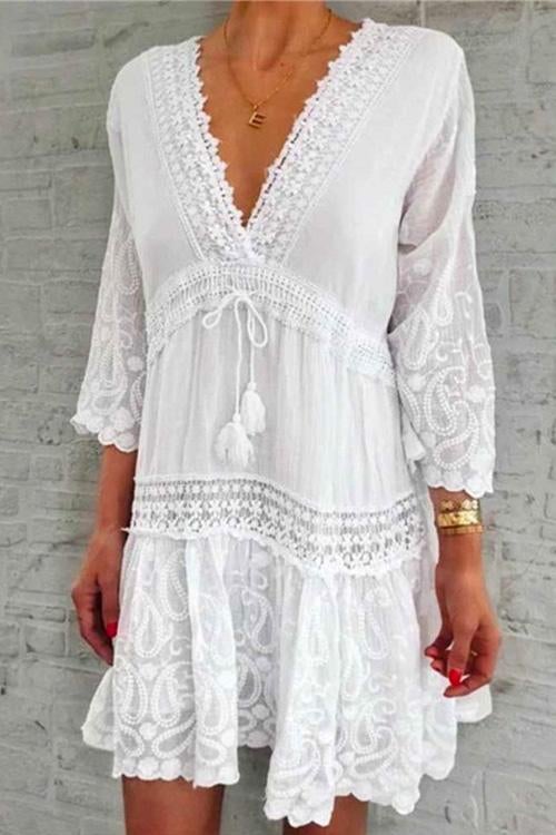 Rosiedress V Neck Lace Trim Tassel Swing Dress White