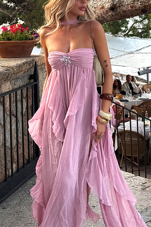 Sleeveless Open Back Ruffle Trim Slit Maxi Dress