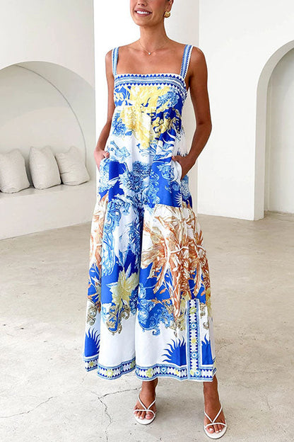 Pocketed Side Slit Printed Maxi Cami Dress