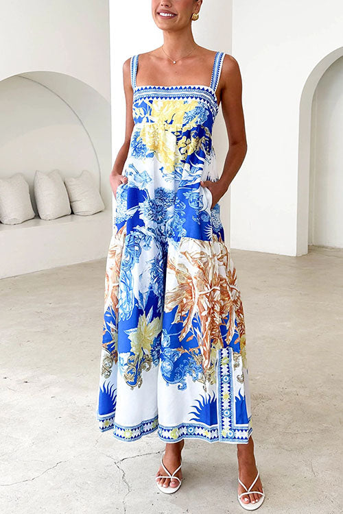 Pocketed Side Slit Printed Maxi Cami Dress