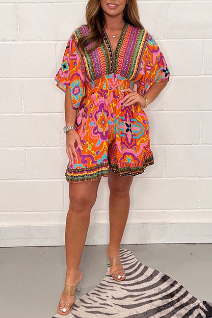 V Neck High Waist Wide Leg Printed Ruffle Romper Orange