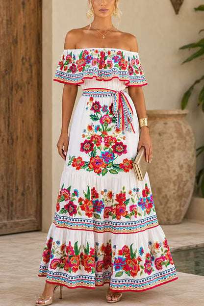 Off Shoulder Floral Print Ruffle Maxi Dress