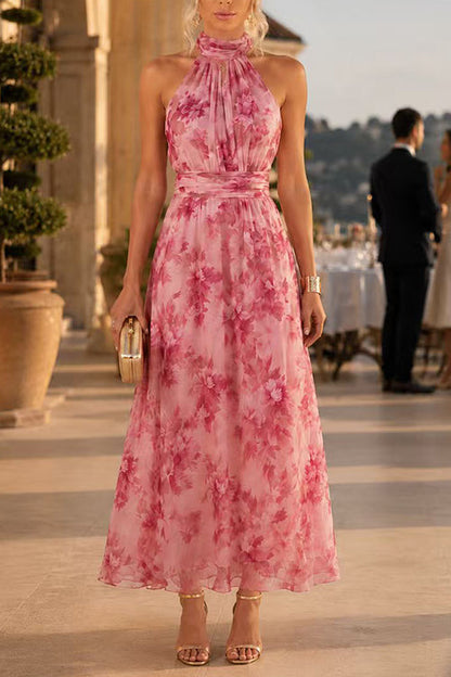 Sleeveless Zipper Back Waisted Floral Print Maxi Dress