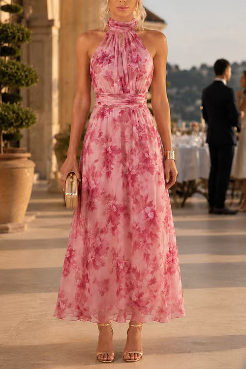 Sleeveless Zipper Back Waisted Floral Print Maxi Dress