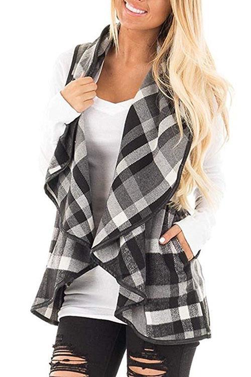 Pockets Plaid Jacket Vest Grey