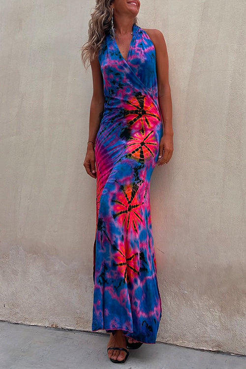 Rosiedress Cross V Neck Sleeveless Tie Dye Maxi Holiday Dress Tie Dye