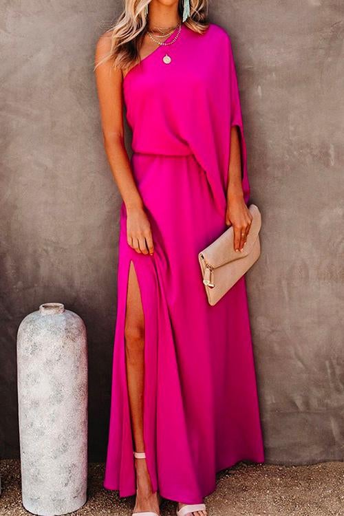 Rosiedress One Shoulder Waisted Slit Maxi Dress HotPink