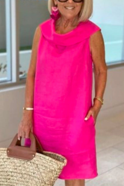 Solid Sleeveless Cotton Linen Loose Dress Red