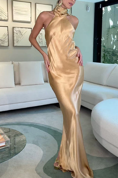 Sleeveless Back Slit Cut Out Satin Maxi Dress