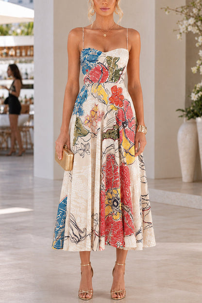 Spaghetti Strap Sweetheart Neck Abstract Floral Print Midi Dress