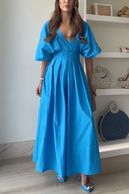 Elegant V Neck High Waist Ruched Swing Maxi Dress Blue