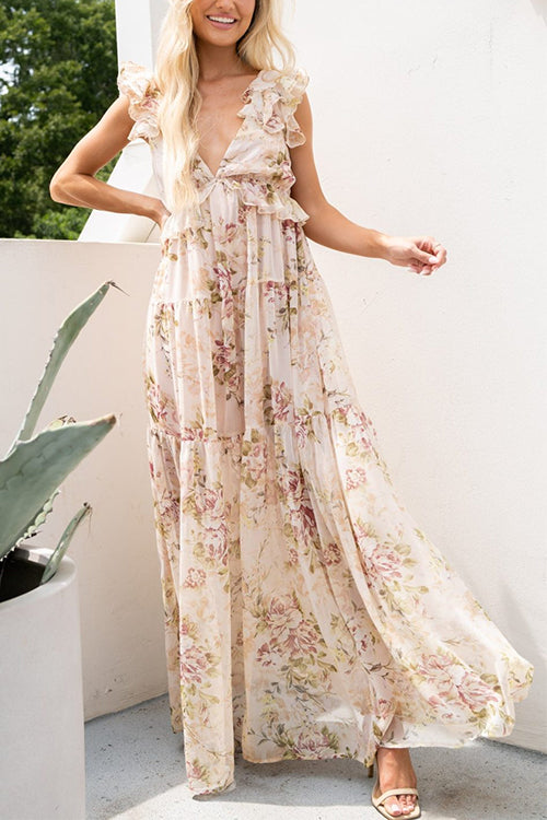 V Neck Ruffle Trim Bow Back Floral Print Flowy Maxi Dress Floral