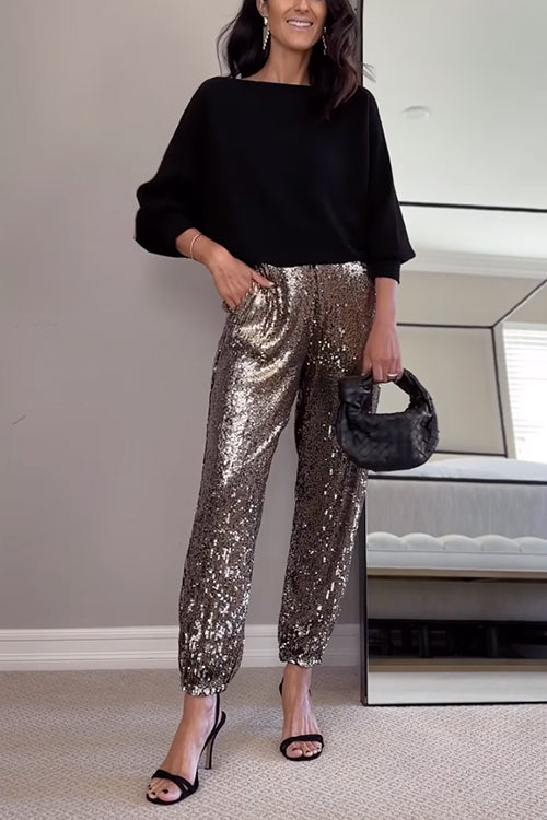 Glam High Rise Sparkly Sequin Joggers Bronze