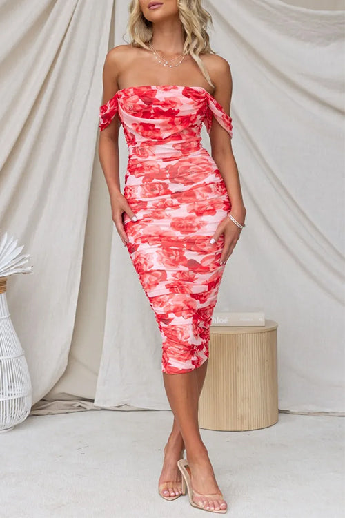 Off Shoulder Ruched Mesh Overlay Floral Midi Dress Floral