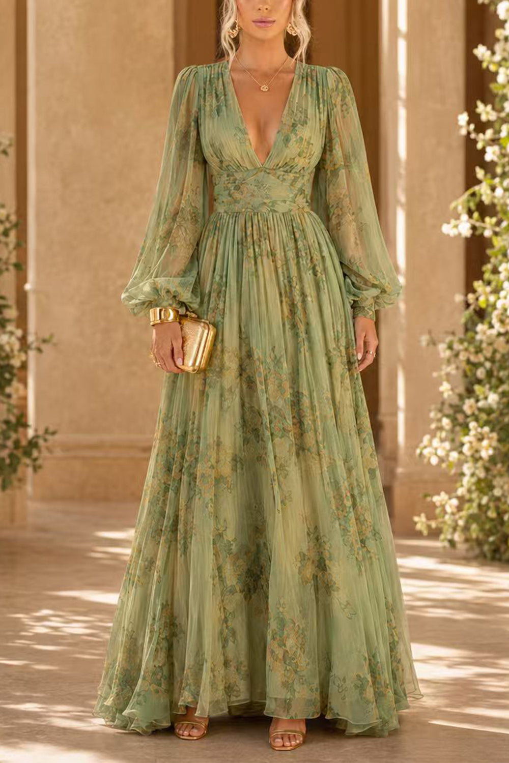 V Neck Puff Long Sleeves Floral Print Maxi Dress
