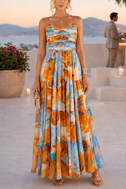 Spaghetti Strap Floral Print Ruffle Tiered Maxi Dress