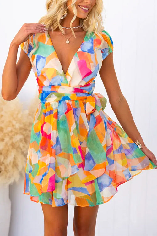 V Neck Tie Waist Splendid Printed Mini Wrap Dress Print