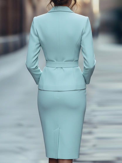 Light Blue Belted Blazer & Pencil Skirt Set