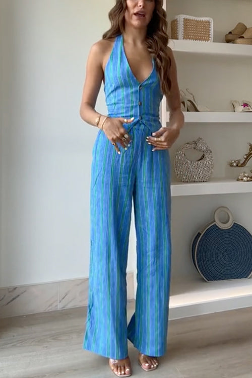 Striped Button Down Tie Knot Backless Top and Wide Leg Pants Set Blue