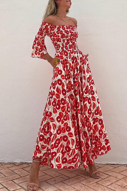 Off Shoulder Bell Sleeves Abstract Print Swing Maxi Dress Red