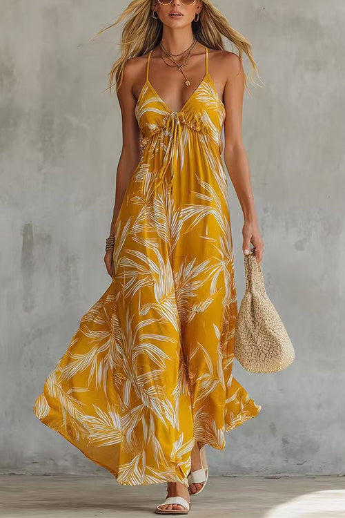 Spaghetti Strap V Neck Printed Chiffon Maxi Dress