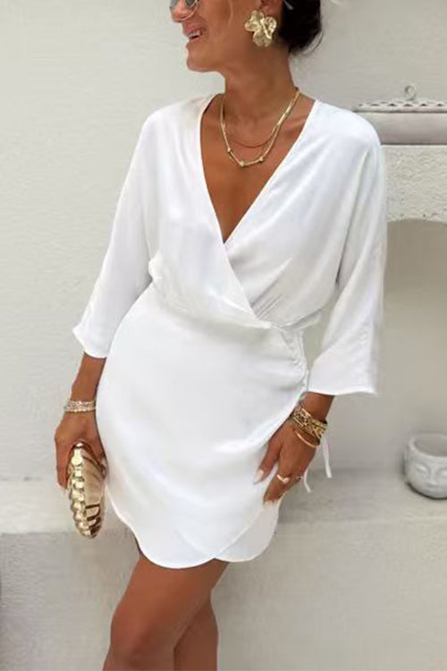 Wrap V Neck Side Drawstring Satin Mini Dress