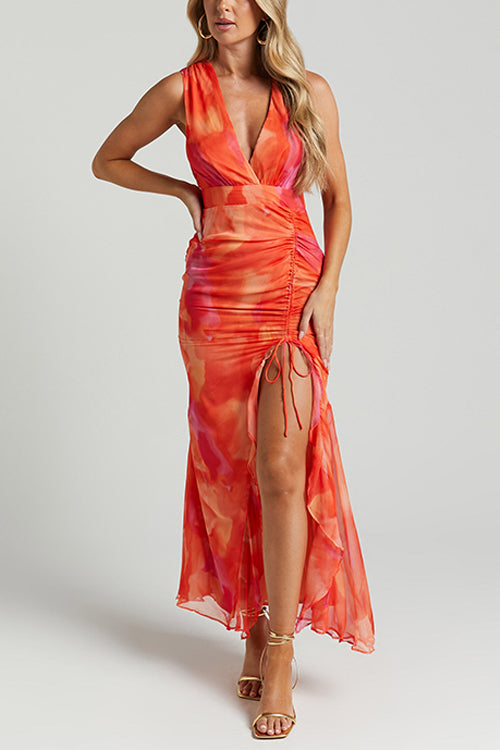 Sleeveless V Neck Drawstring Ruched Slit Print Maxi Dress Sunset